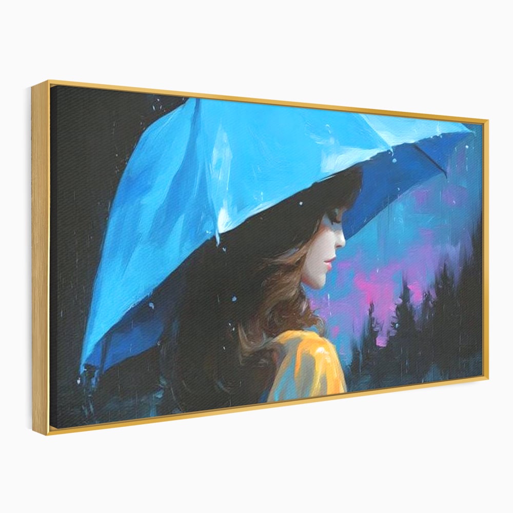 Tablou canvas cu pictura cu femeie sub umbrela albastra, in rama de aluminiu auriu